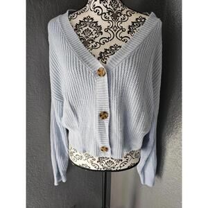 Women's Freshman 1996 Cropped Cardigan Sweater Button Up Size Large Blue Knitted